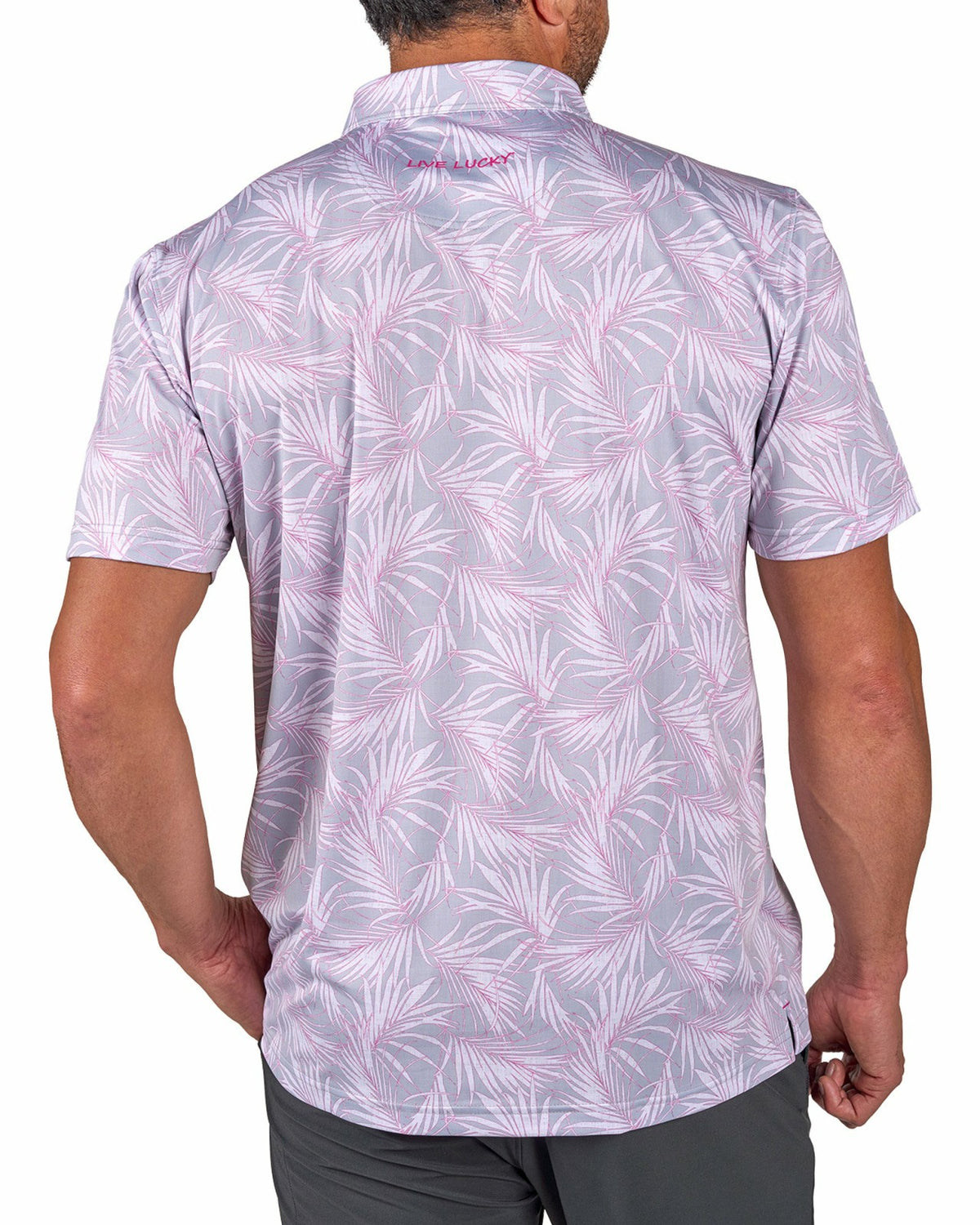 Black Clover Pink and Gray Tropical Patterned Men's Golf or Business Polo