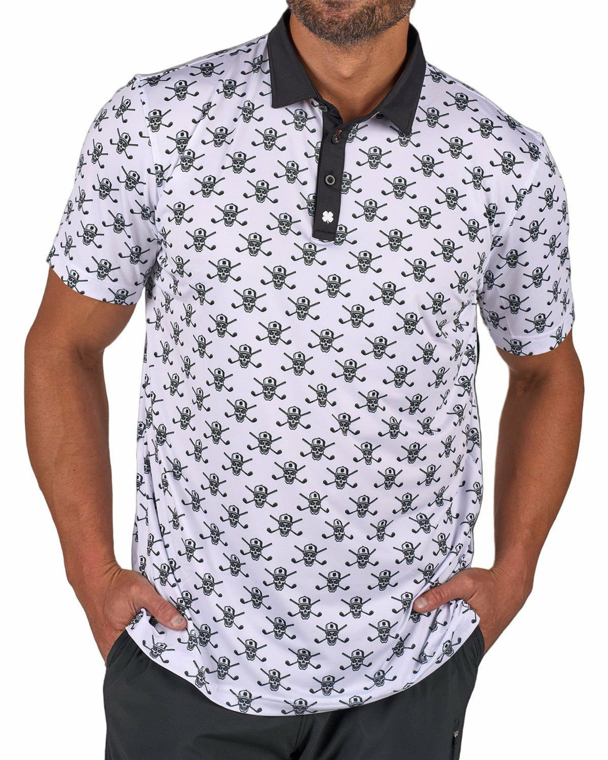 Black Clover Playful Black and White Skull Patterned Men's Polo for Golf