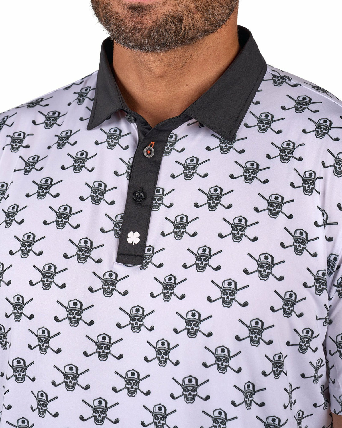 Black Clover Playful Black and White Skull Patterned Men's Polo for Golf