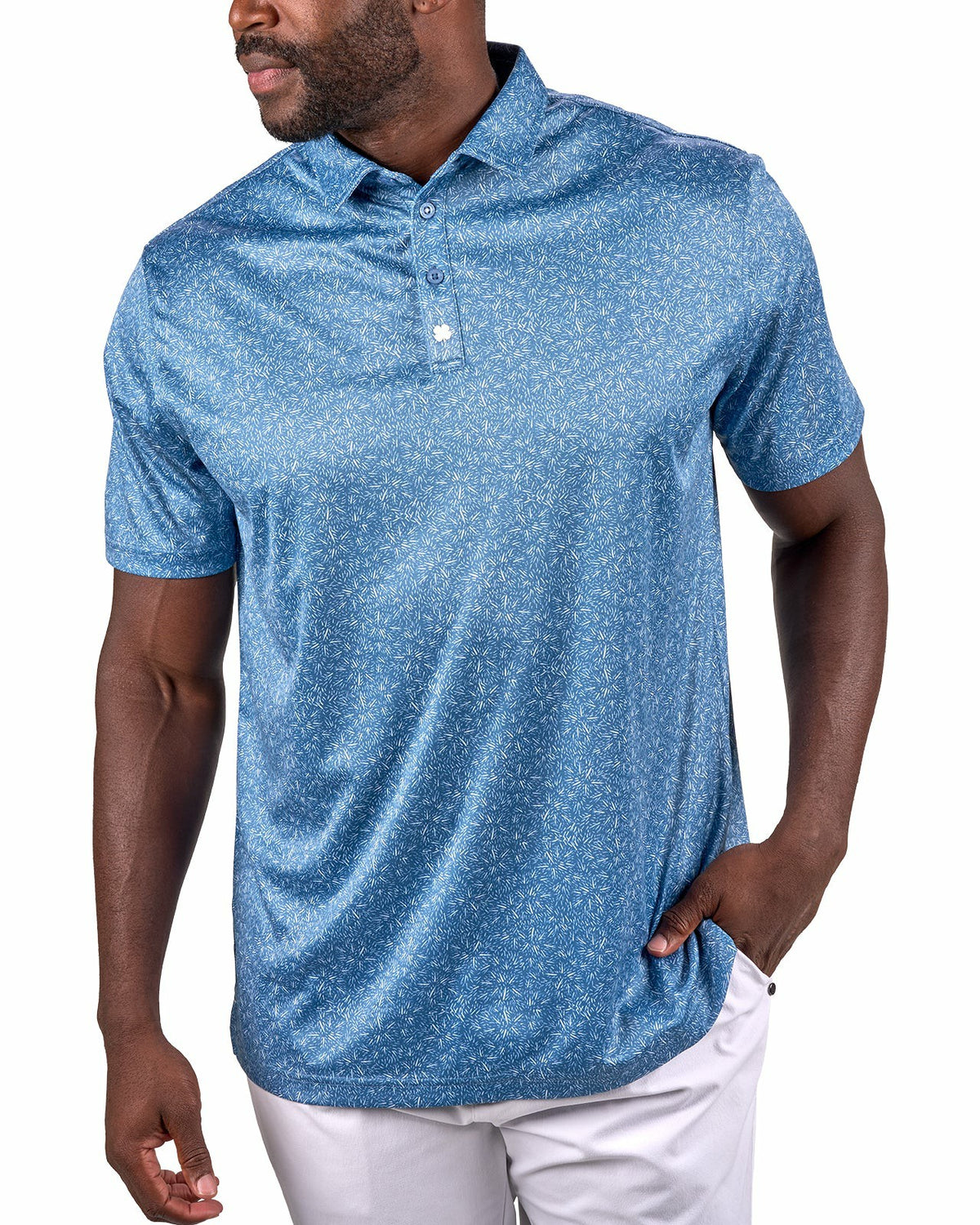 Black Clover Men's Patriotic Blue Golf Polo with Fireworks Pattern