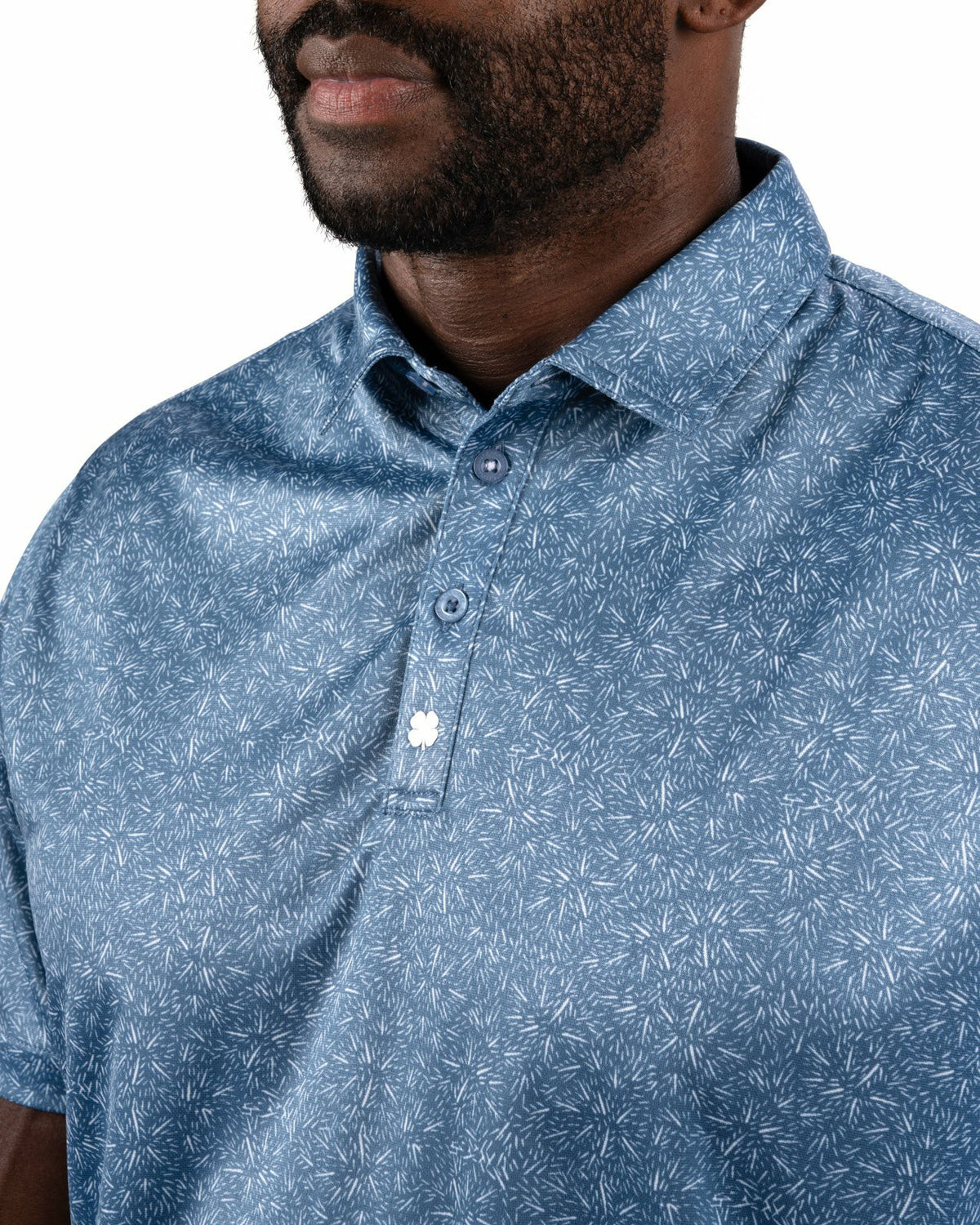 Black Clover Men's Patriotic Blue Golf Polo with Fireworks Pattern