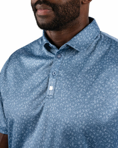 Black Clover Men's Patriotic Blue Golf Polo with Fireworks Pattern