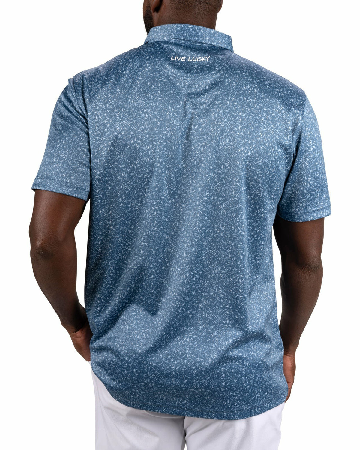 Black Clover Men's Patriotic Blue Golf Polo with Fireworks Pattern