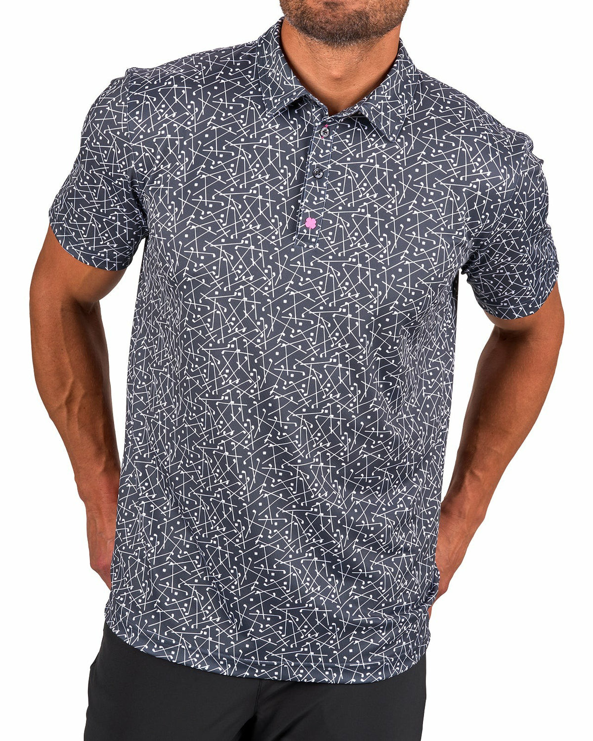Black Clover Men's Black Performance Polo with White Mini Golf Club Pattern
