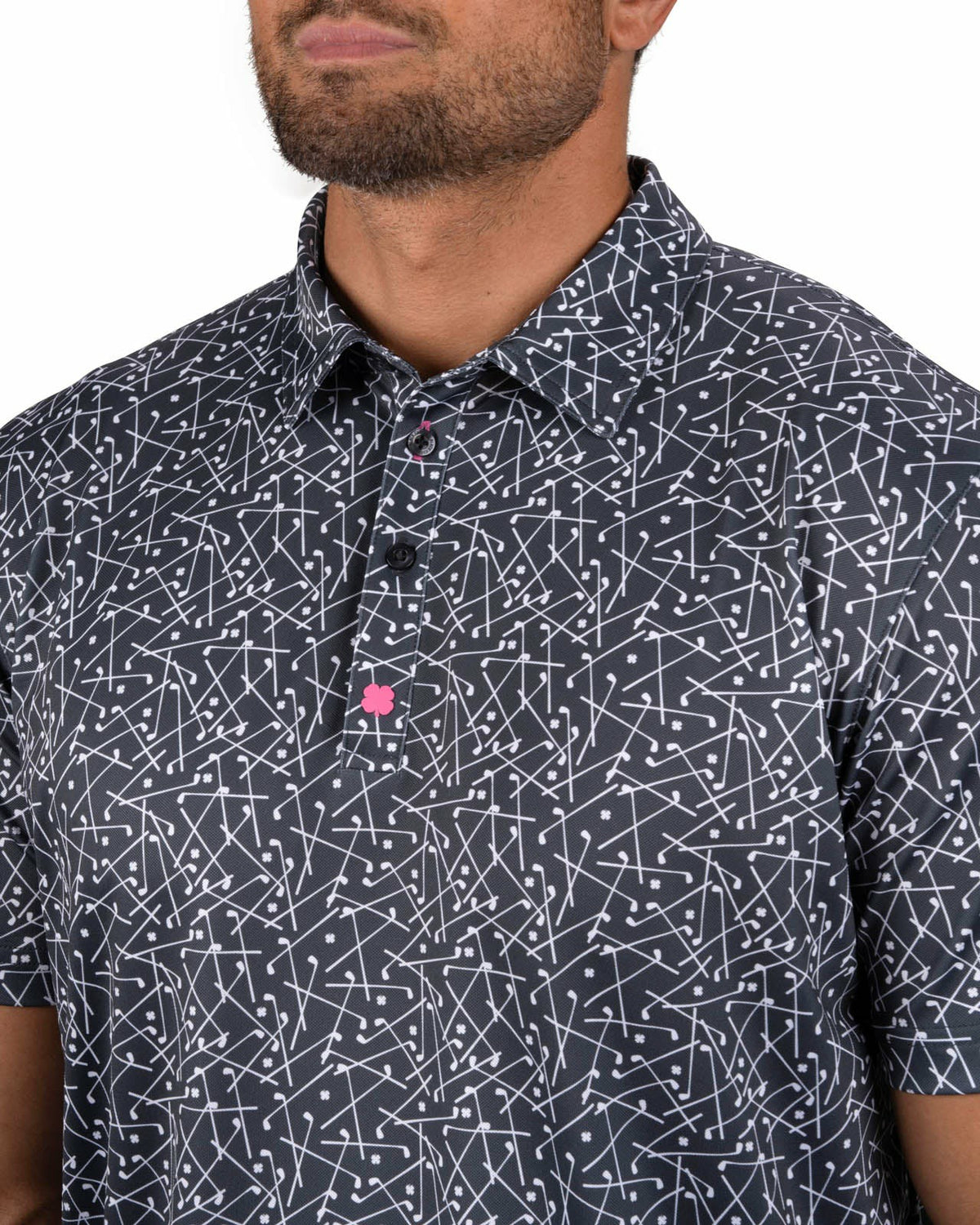 Black Clover Men's Black Performance Polo with White Mini Golf Club Pattern