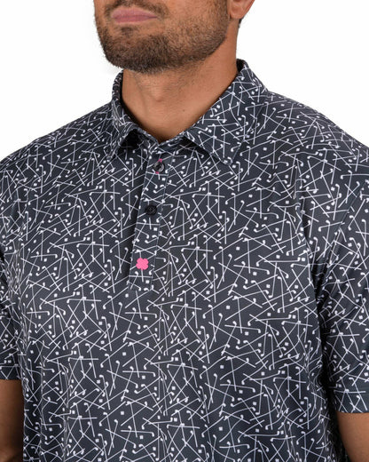 Black Clover Men's Black Performance Polo with White Mini Golf Club Pattern