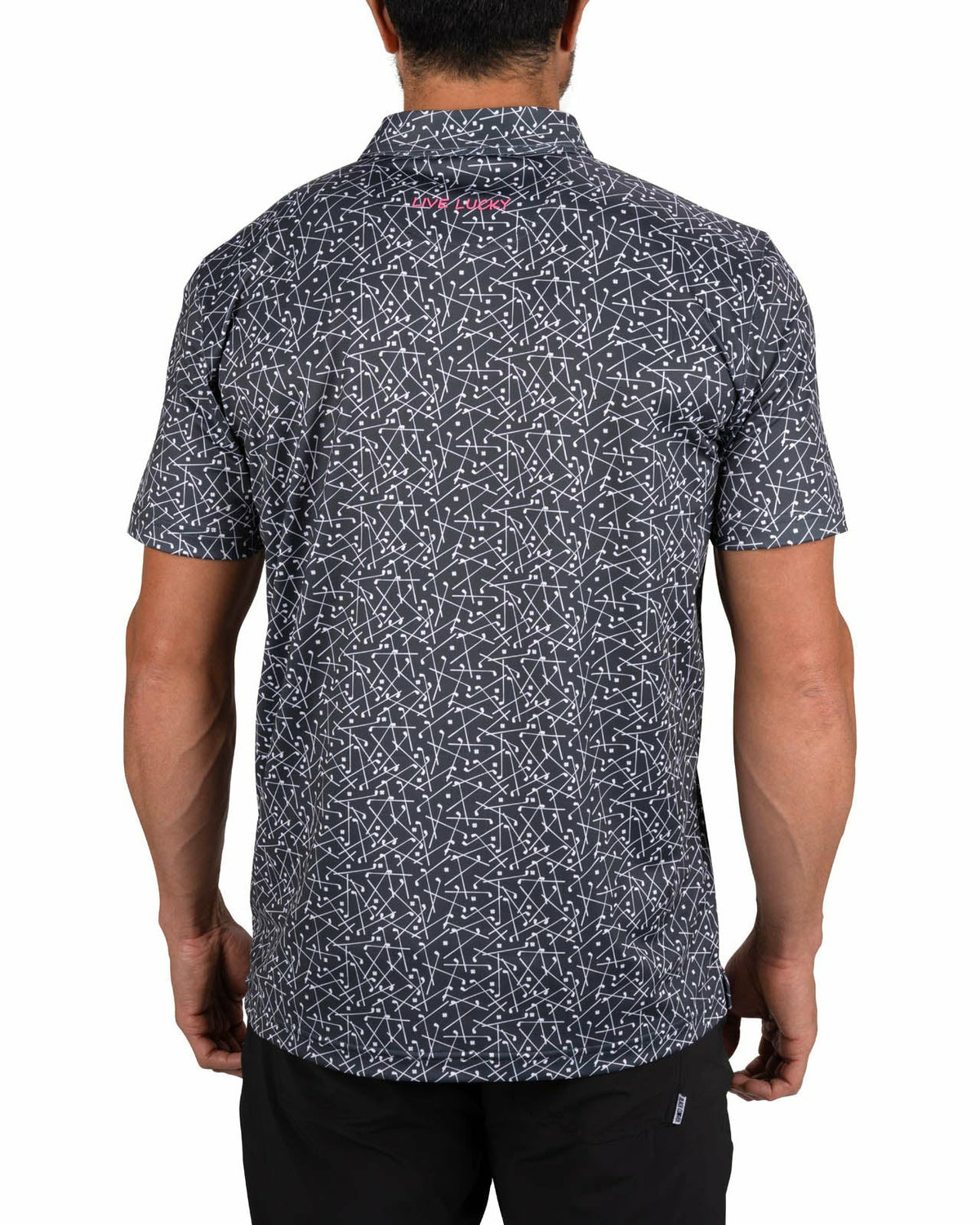 Black Clover Men's Black Performance Polo with White Mini Golf Club Pattern