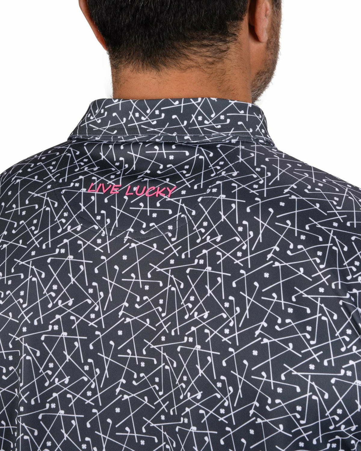 Black Clover Men's Black Performance Polo with White Mini Golf Club Pattern