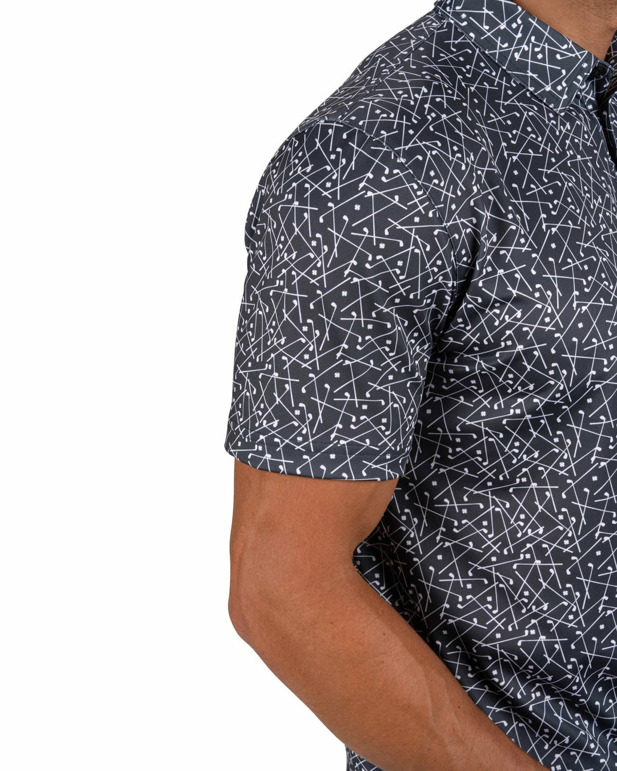 Black Clover Men's Black Performance Polo with White Mini Golf Club Pattern