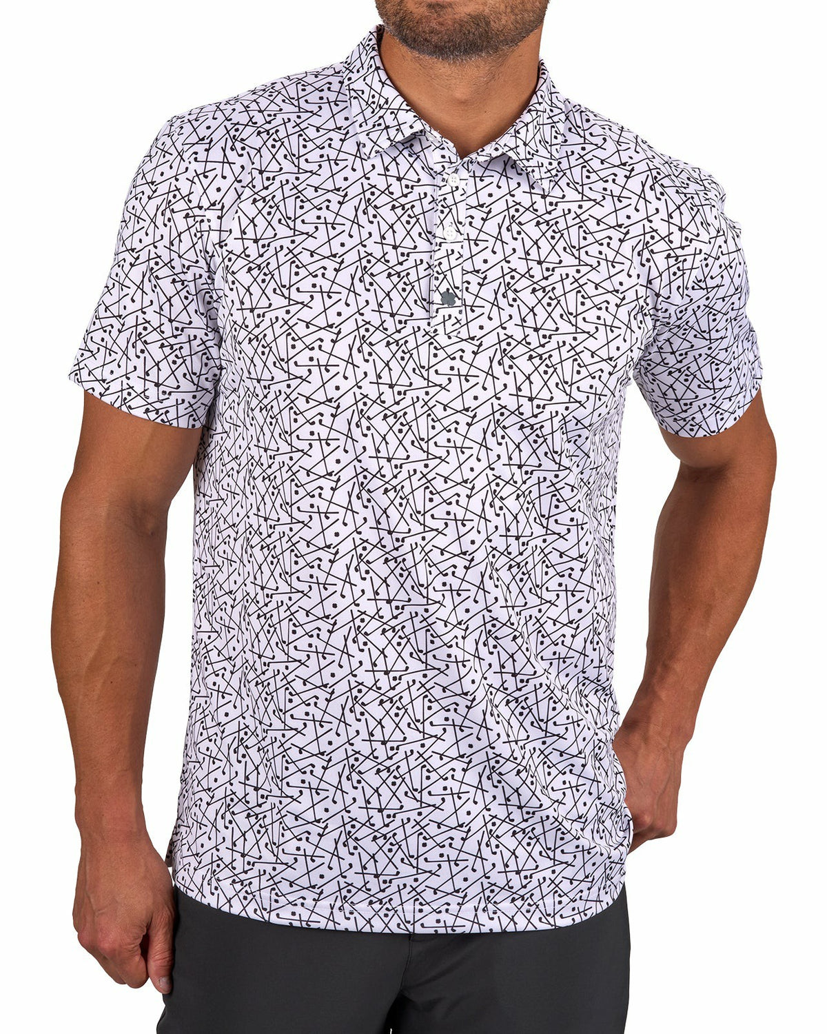 Black Clover Men's White Performance Polo with Black Mini Golf Club Pattern