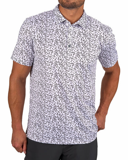 Black Clover Men's White Performance Polo with Black Mini Golf Club Pattern