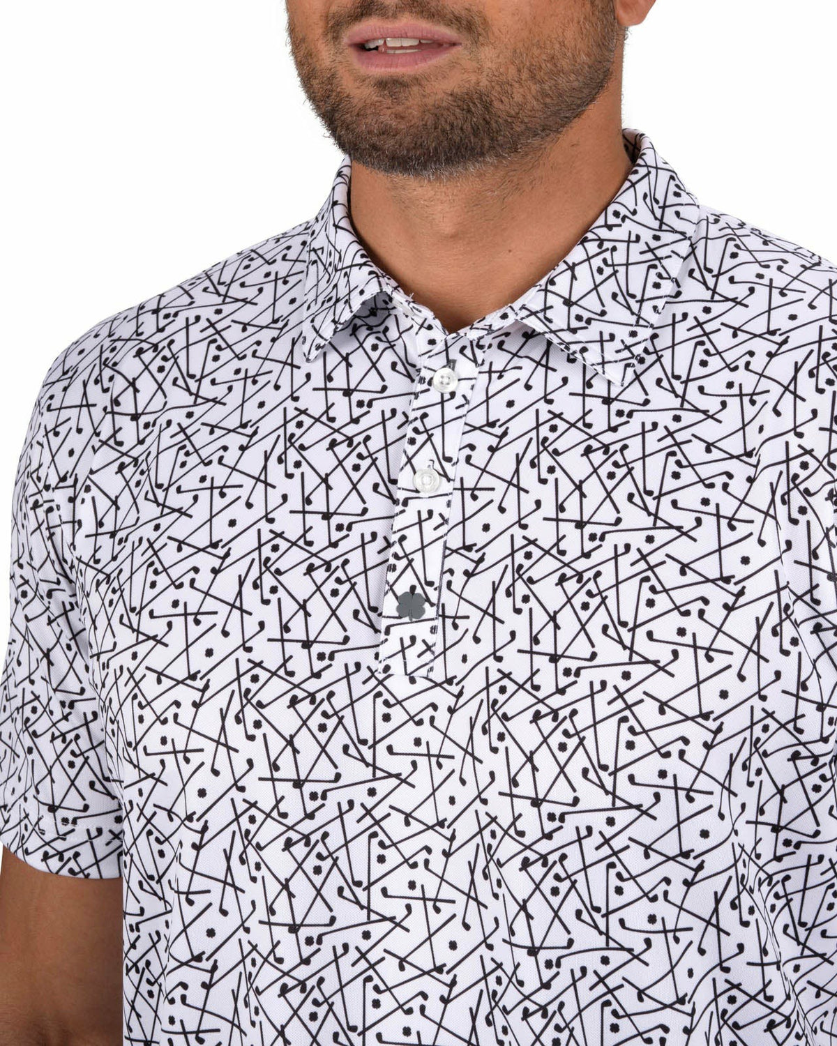 Black Clover Men's White Performance Polo with Black Mini Golf Club Pattern