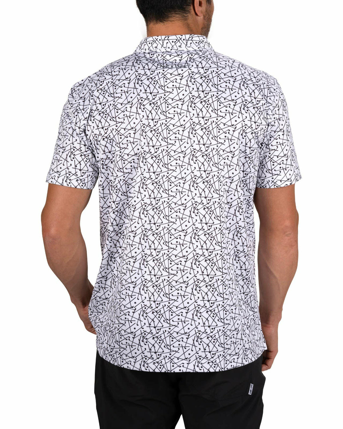 Black Clover Men's White Performance Polo with Black Mini Golf Club Pattern
