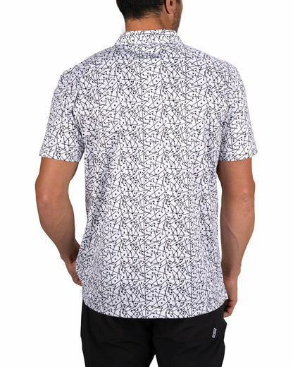 Black Clover Men's White Performance Polo with Black Mini Golf Club Pattern