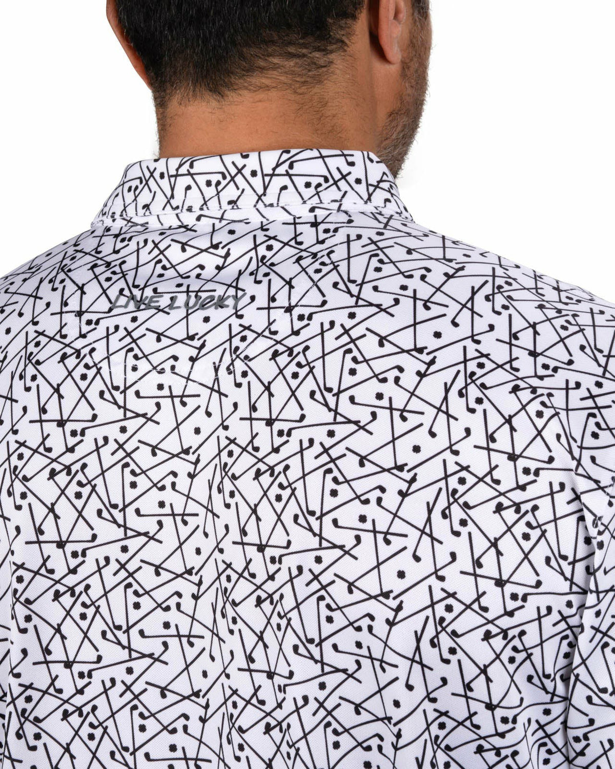 Black Clover Men's White Performance Polo with Black Mini Golf Club Pattern