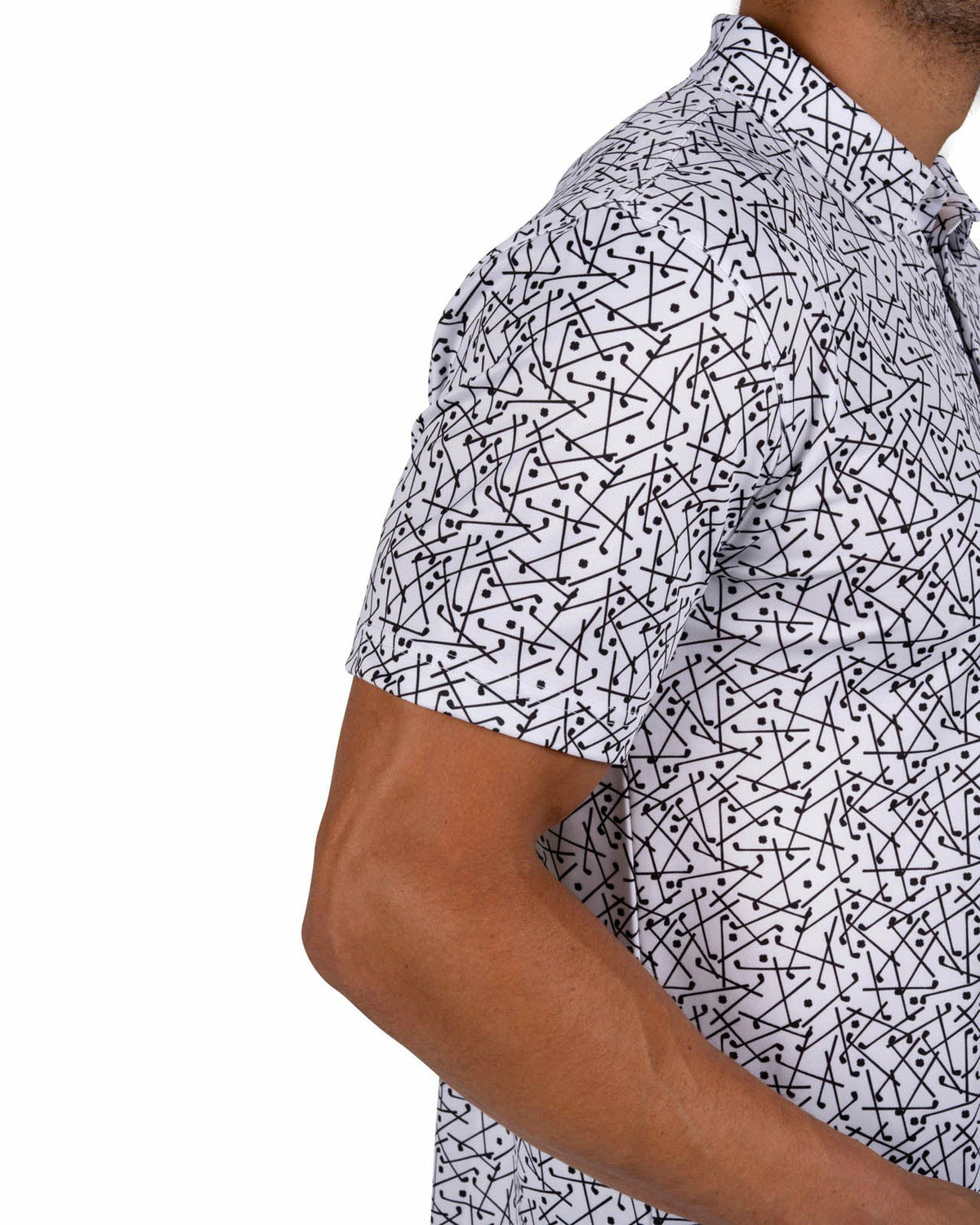 Black Clover Men's White Performance Polo with Black Mini Golf Club Pattern