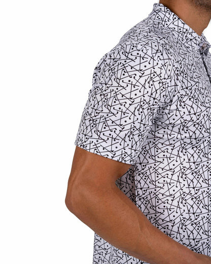 Black Clover Men's White Performance Polo with Black Mini Golf Club Pattern