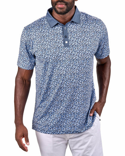 Black Clover Men's Blue Floral Performance Polo for Golf and Lifestyle