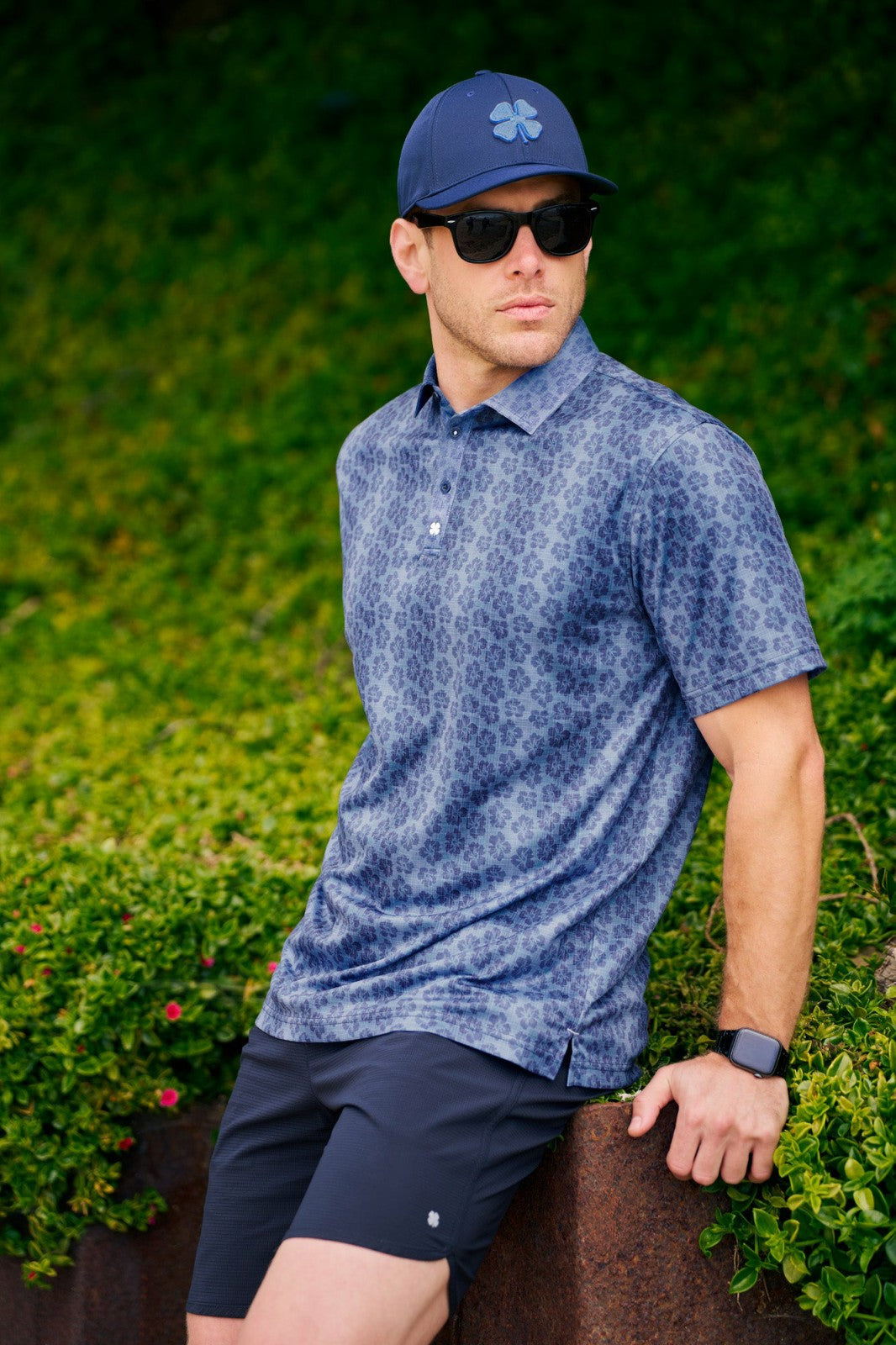 Black Clover Men's Navy Blue Tropical Polo for Golf and Lifestyle