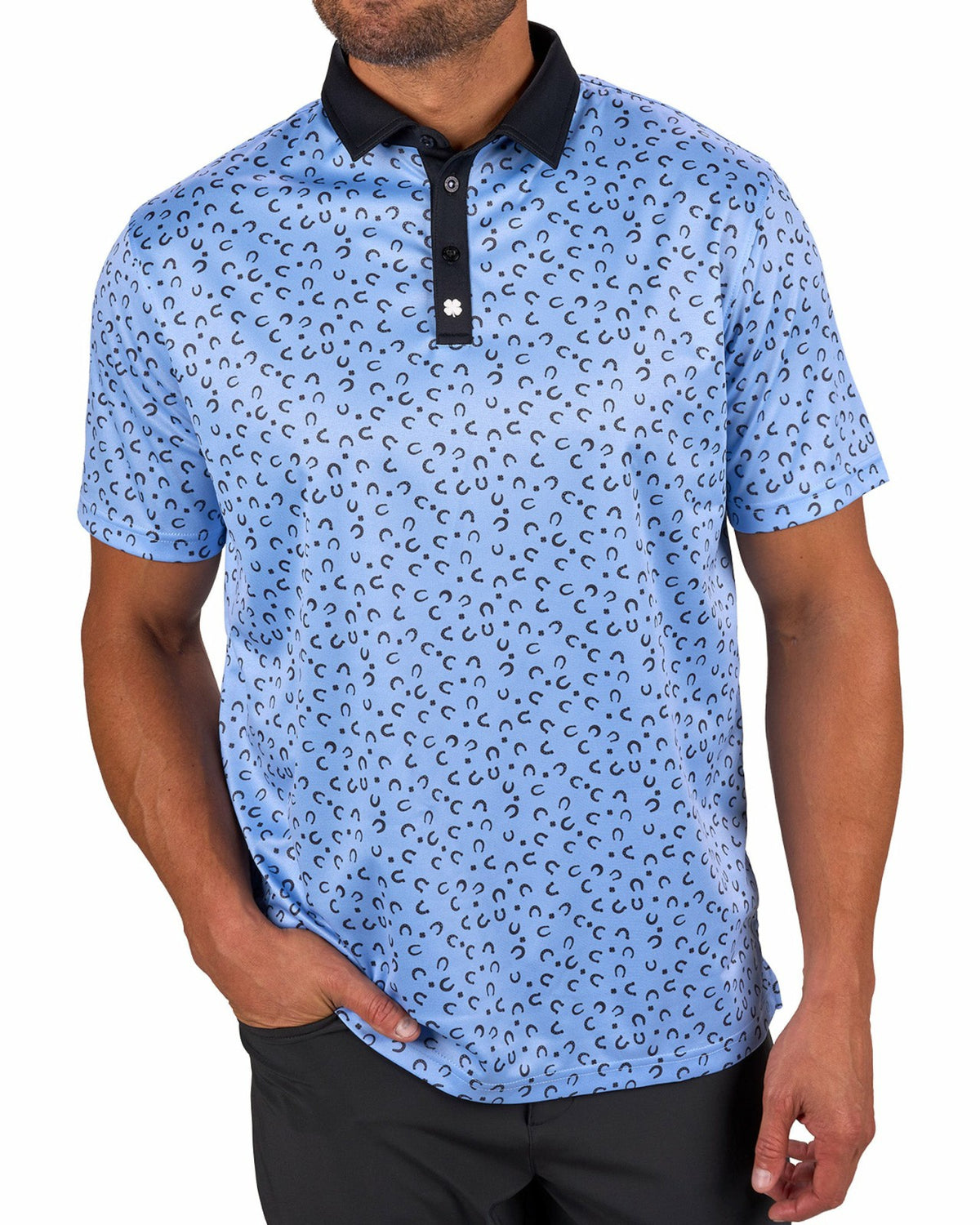 Black Clover Men's Light Blue Golf Polo with Horseshoe and Clover Pattern