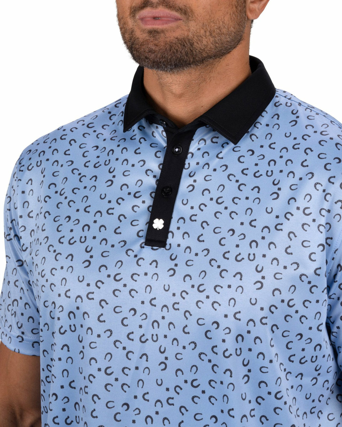 Black Clover Men's Light Blue Golf Polo with Horseshoe and Clover Pattern