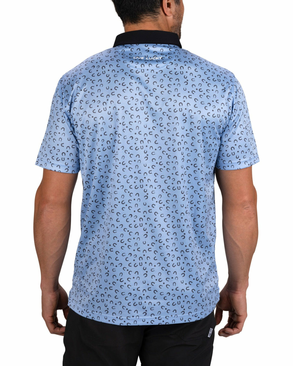 Black Clover Men's Light Blue Golf Polo with Horseshoe and Clover Pattern