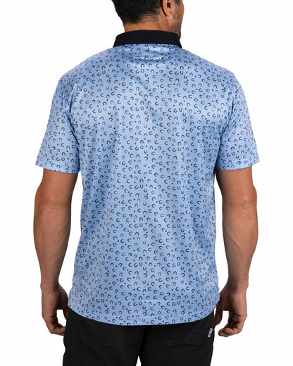 Black Clover Men's Light Blue Golf Polo with Horseshoe and Clover Pattern