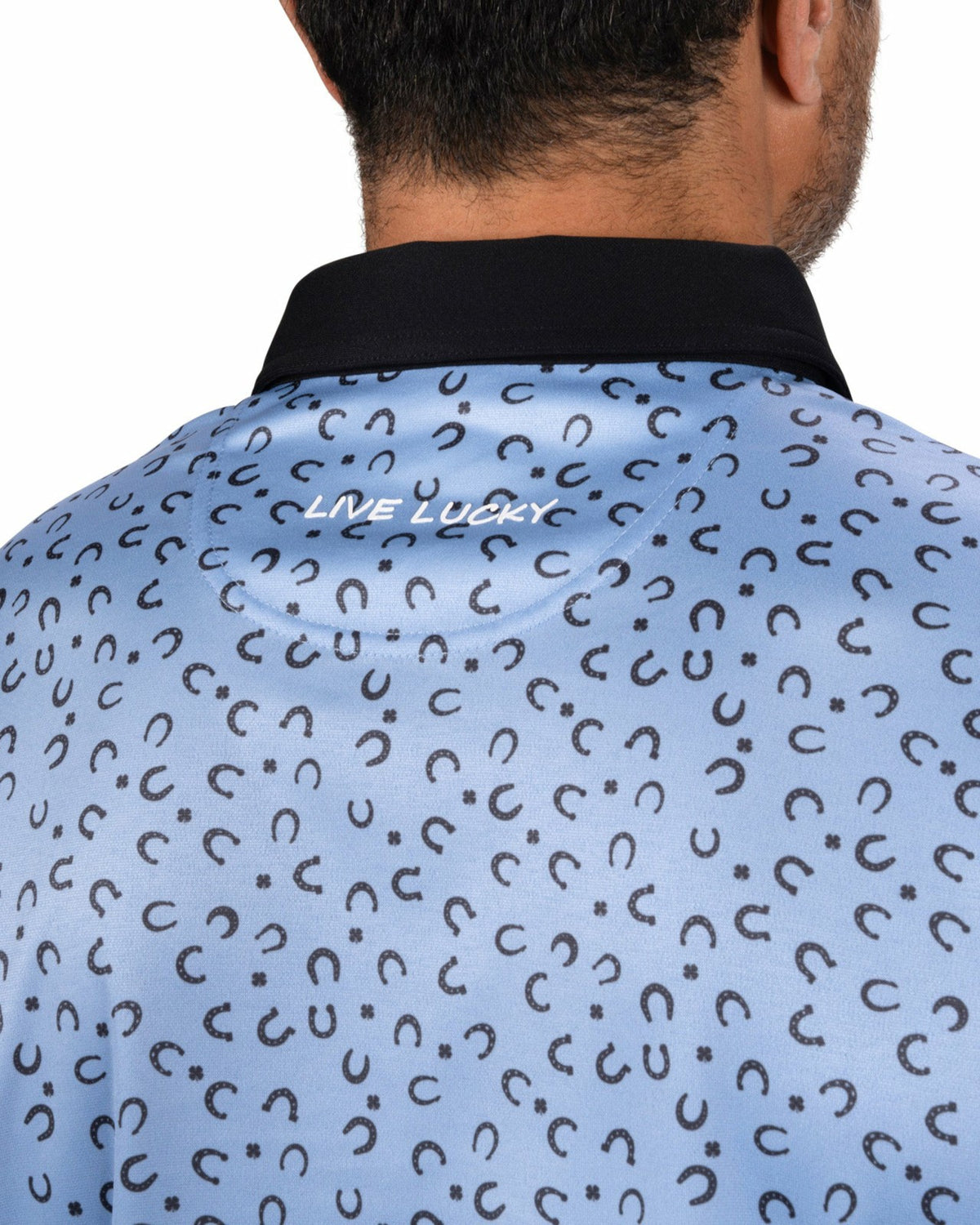 Black Clover Men's Light Blue Golf Polo with Horseshoe and Clover Pattern