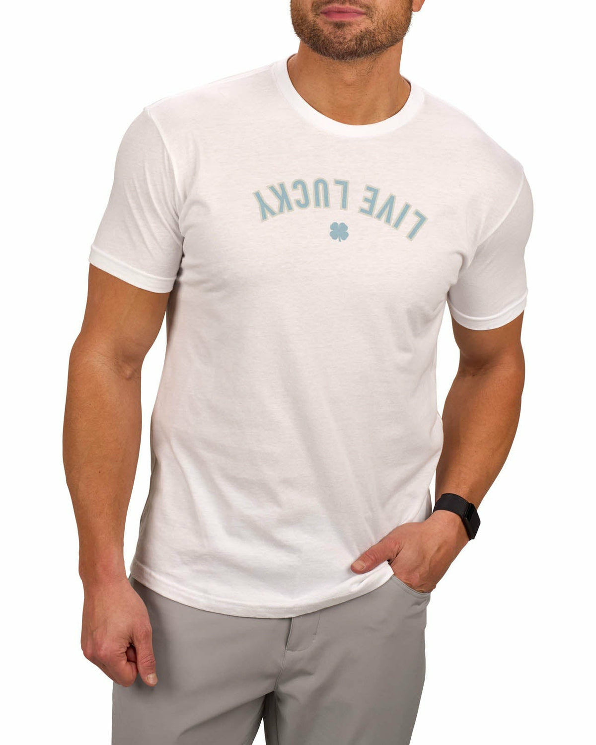 Black Clover Men's White Graphic Tee with Blue Upside Down Logo for Golf & Lifestyle