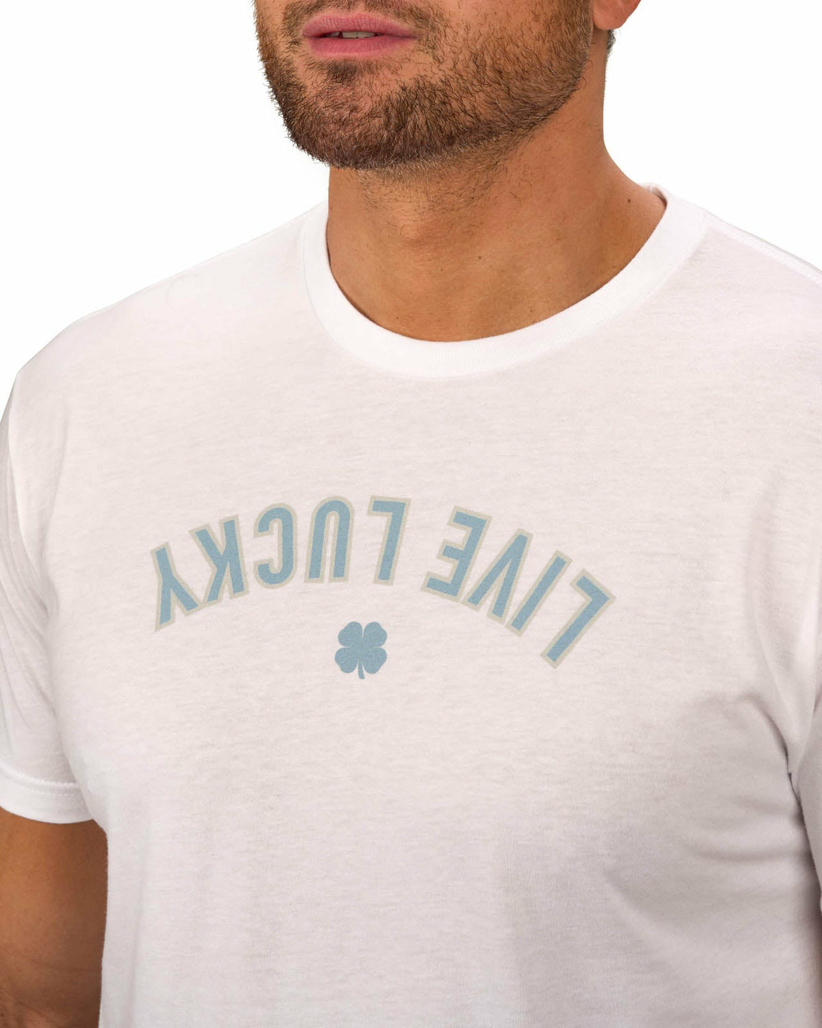 Black Clover Men's White Graphic Tee with Blue Upside Down Logo for Golf & Lifestyle