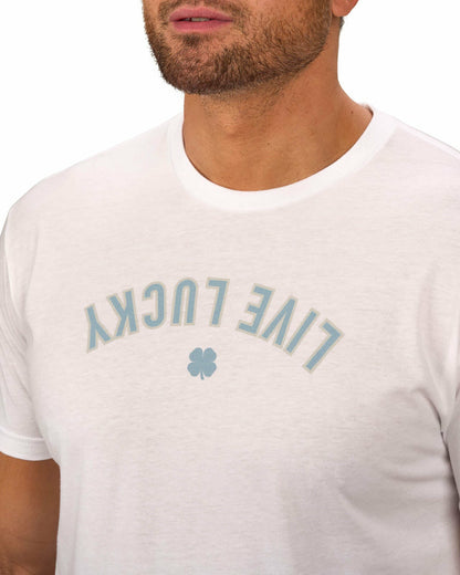 Black Clover Men's White Graphic Tee with Blue Upside Down Logo for Golf & Lifestyle