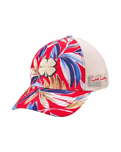 Black Clover Unisex Red and Navy Floral Print Tropical Trucker Hat