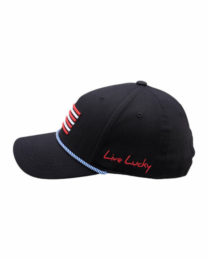 Black Clover Unisex Adjustable Black USA Flag Patriotic Hat with Rope