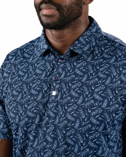 Black Clover Men's Stylish Navy Blue Golf Polo with Light Blue Feather Pattern