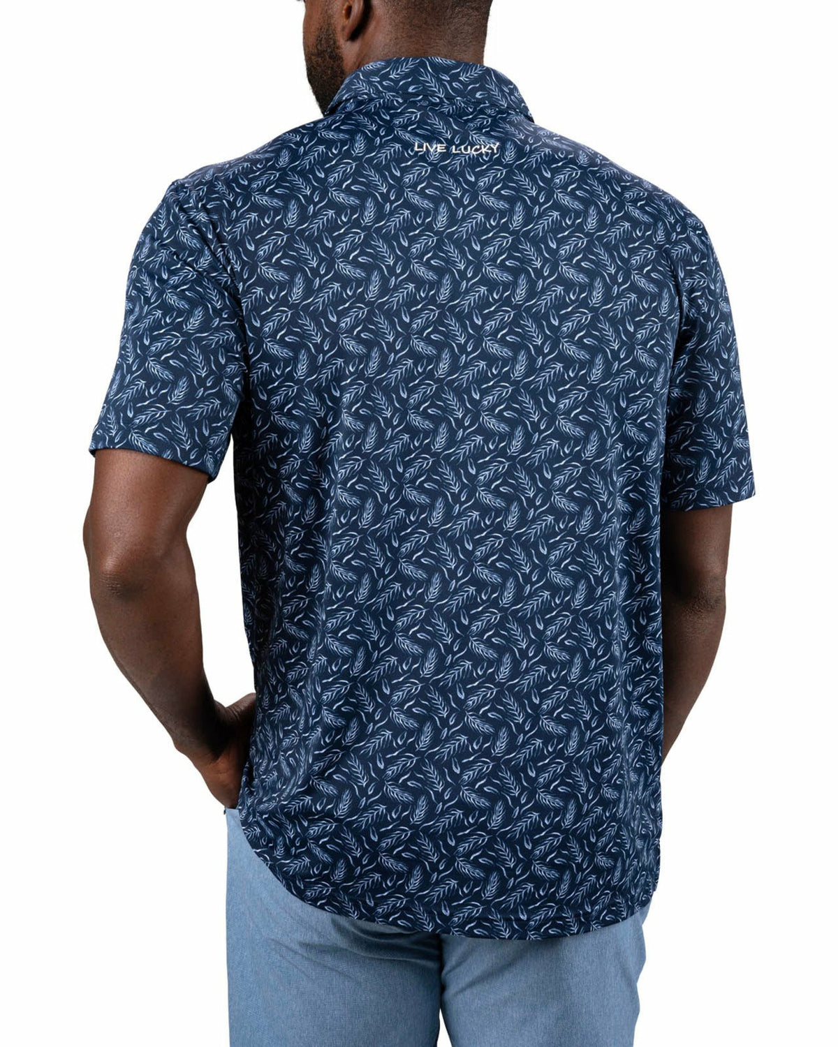 Black Clover Men's Stylish Navy Blue Golf Polo with Light Blue Feather Pattern