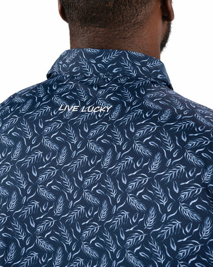 Black Clover Men's Stylish Navy Blue Golf Polo with Light Blue Feather Pattern