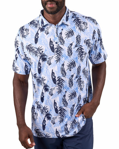 Black Clover Blue and White Tropical Print Polo for Golf or Business