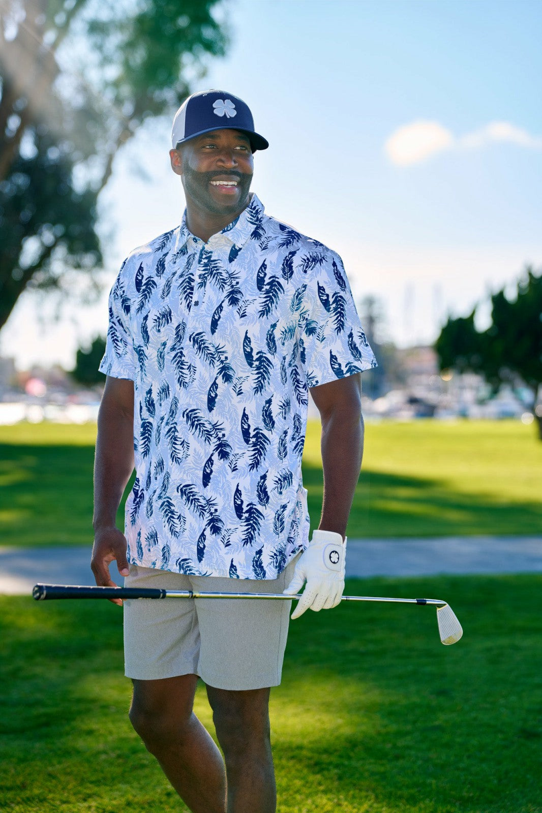Black Clover Blue and White Tropical Print Polo for Golf or Business