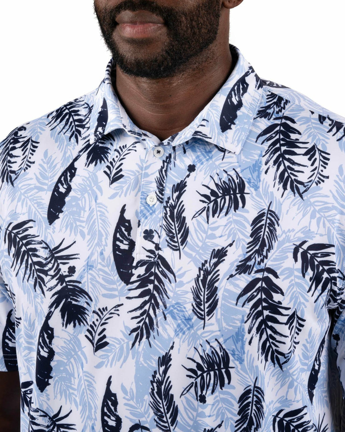 Black Clover Blue and White Tropical Print Polo for Golf or Business