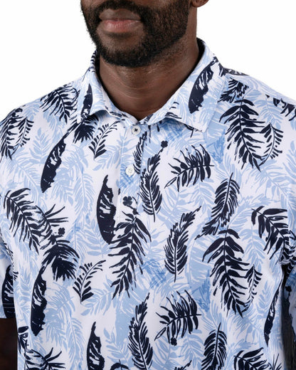 Black Clover Blue and White Tropical Print Polo for Golf or Business