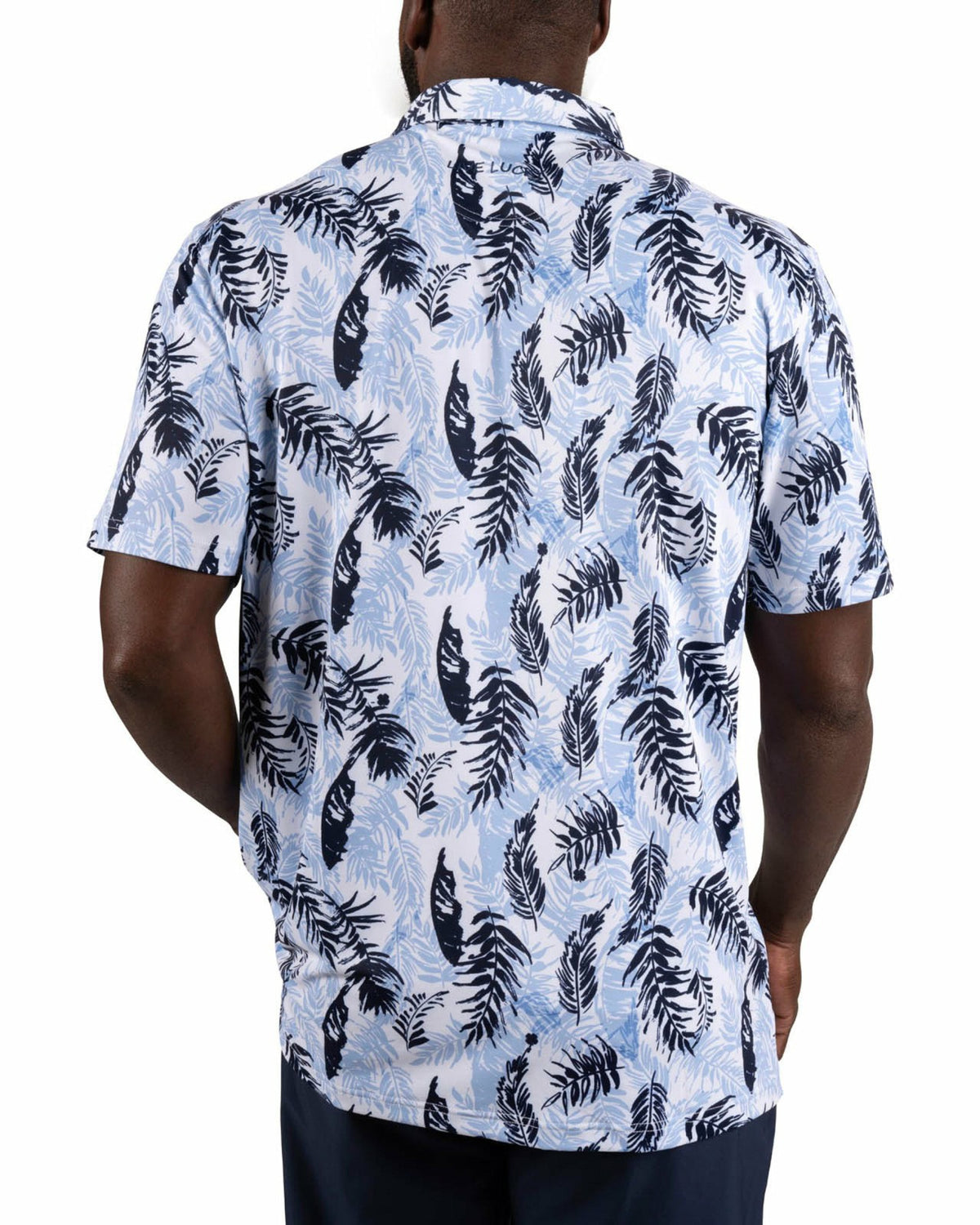 Black Clover Blue and White Tropical Print Polo for Golf or Business