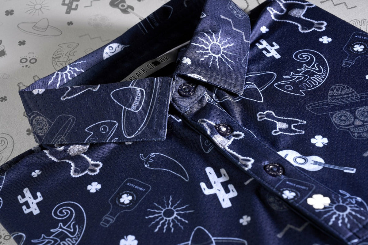 Black Clover Fun, Navy and White-Patterned Taco-Themed Men's Golf Polo