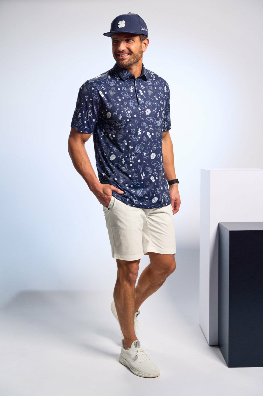 Black Clover Fun, Navy and White-Patterned Taco-Themed Men's Golf Polo