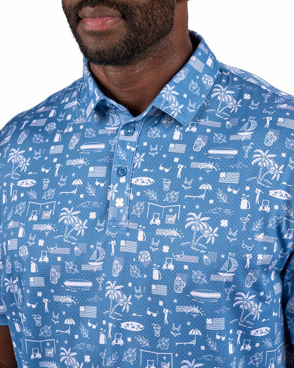Black Clover Black and White-Patterned Vacation-Themed Men's Golf Polo