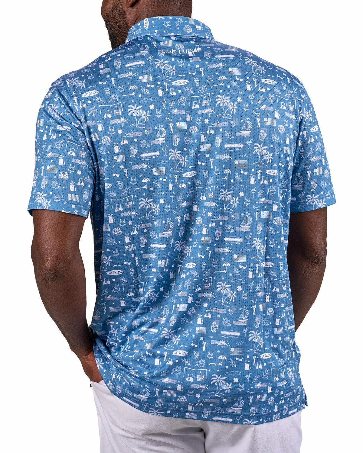 Black Clover Black and White-Patterned Vacation-Themed Men's Golf Polo