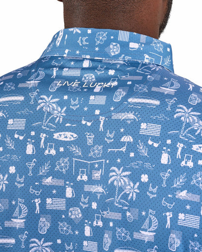 Black Clover Black and White-Patterned Vacation-Themed Men's Golf Polo