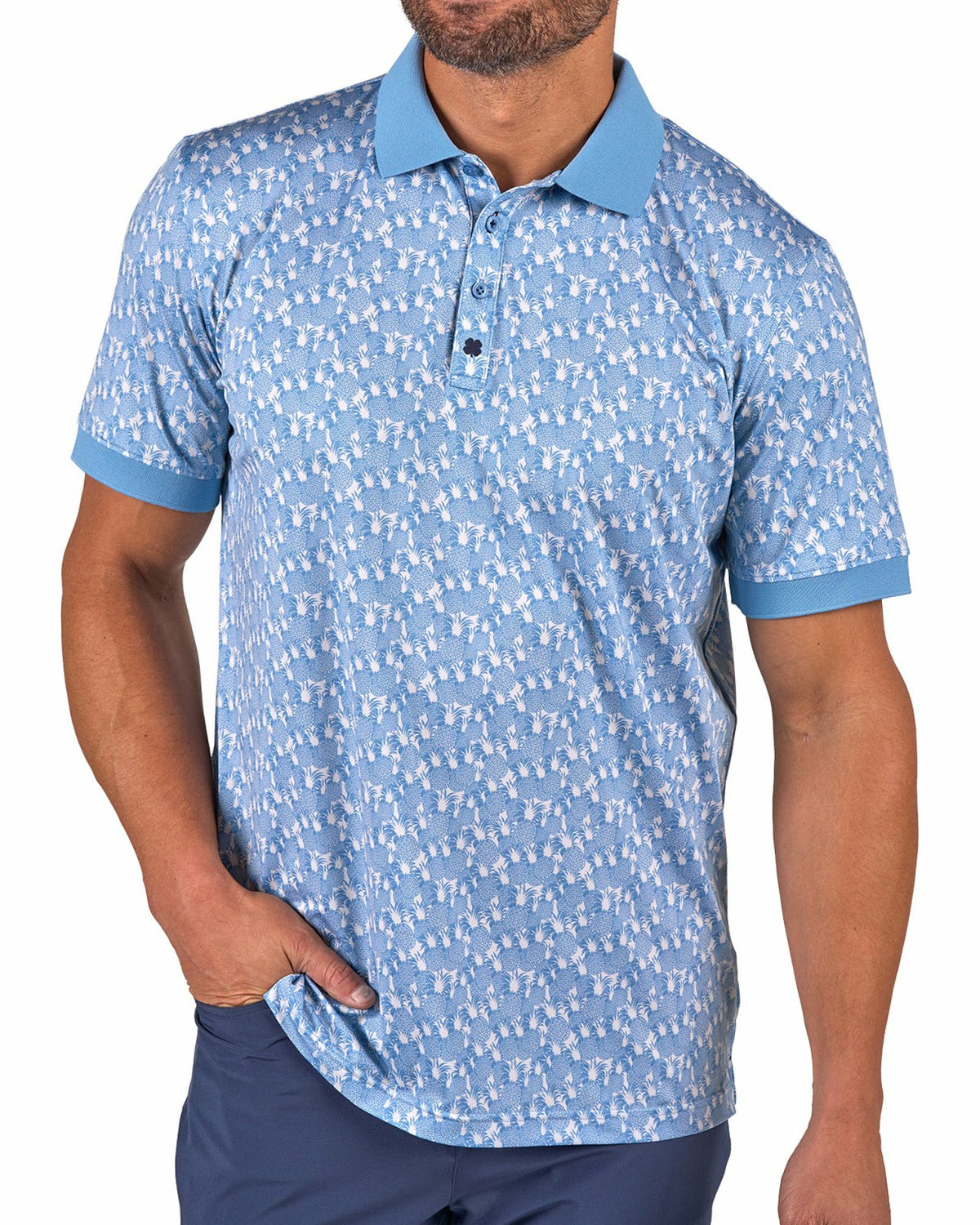 Black Clover Soft Blue Pineapple-Print Tropical Polo for Vacation or Golf