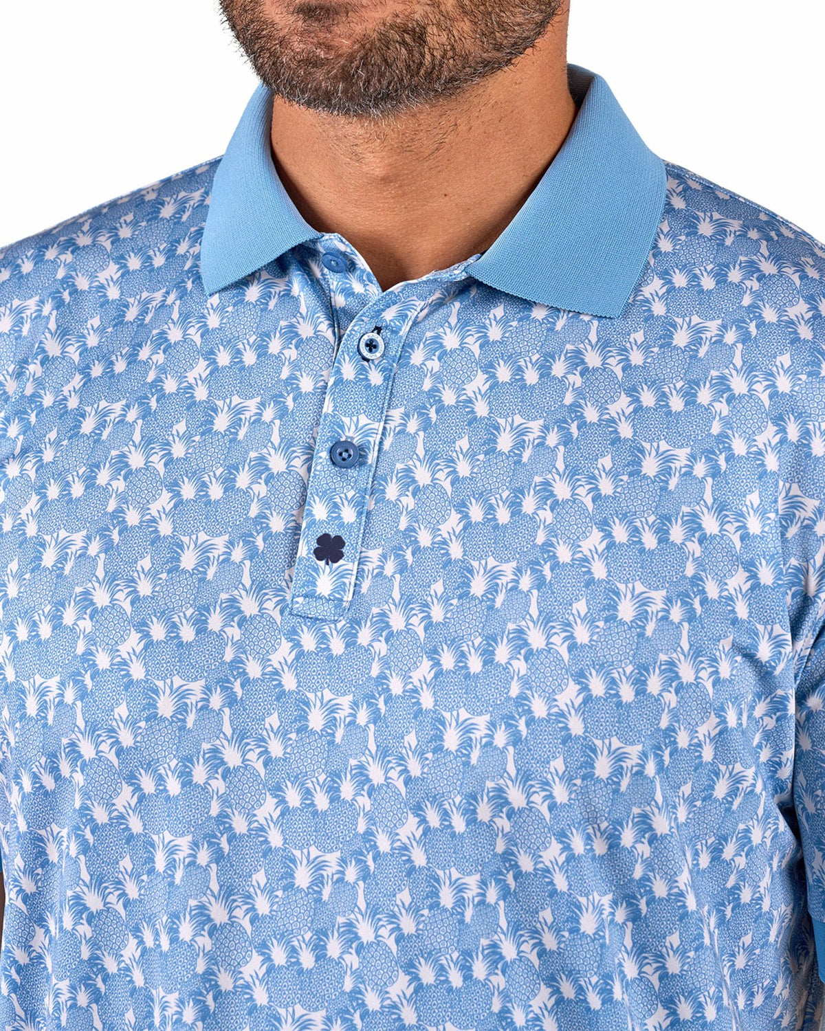 Black Clover Soft Blue Pineapple-Print Tropical Polo for Vacation or Golf