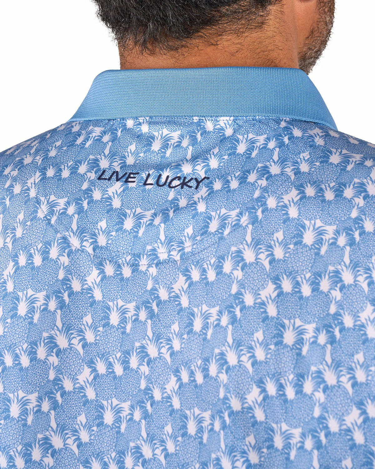 Black Clover Soft Blue Pineapple-Print Tropical Polo for Vacation or Golf
