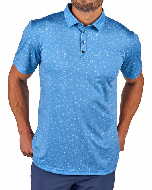 Black Clover Men's Trendy Blue and White Constellation Print Polo for Golf and Business